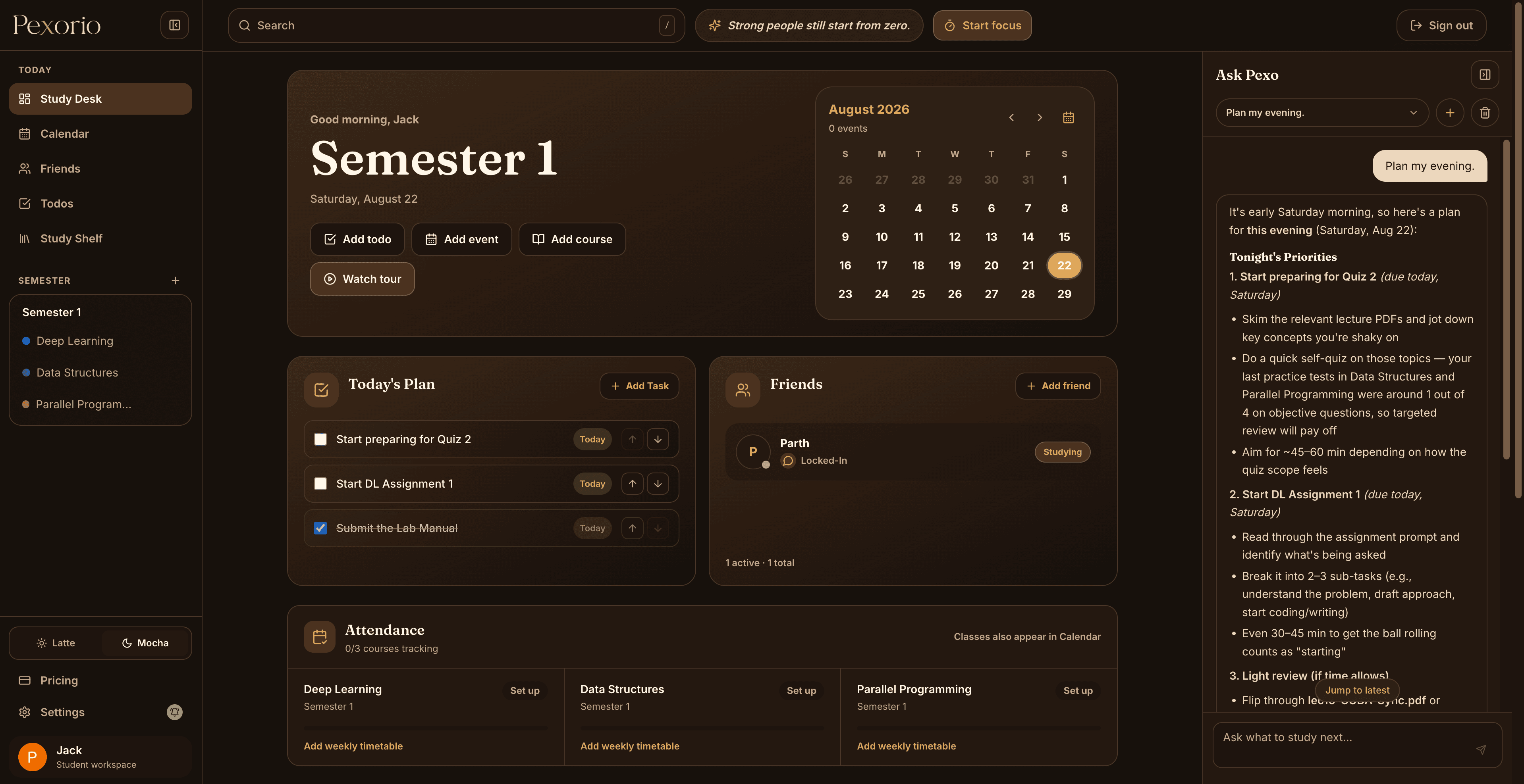 Pexorio Study Desk showing courses, schedule, and contextual AI chat