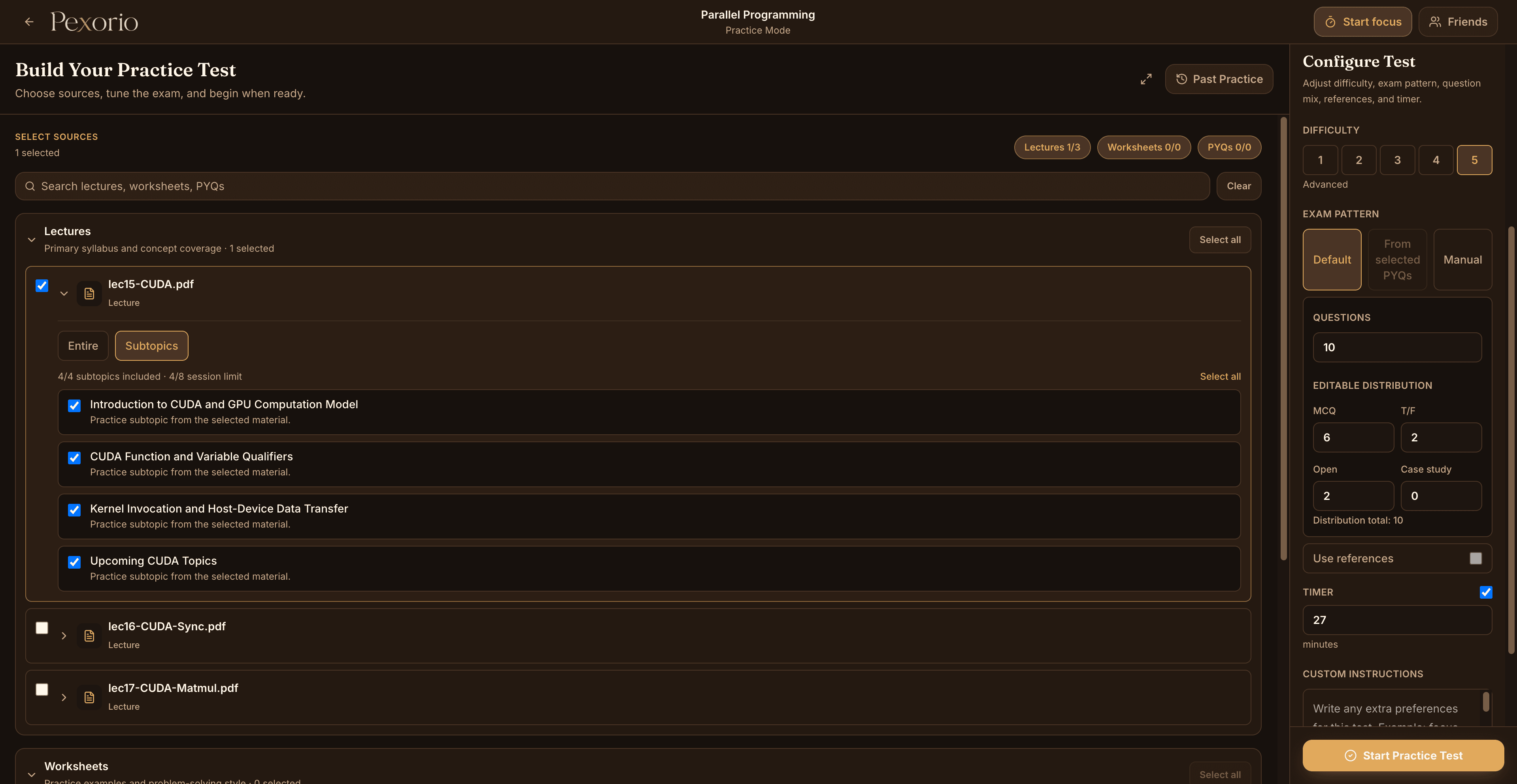 Pexorio Practice Mode configured with Parallel Programming lecture topics and question settings