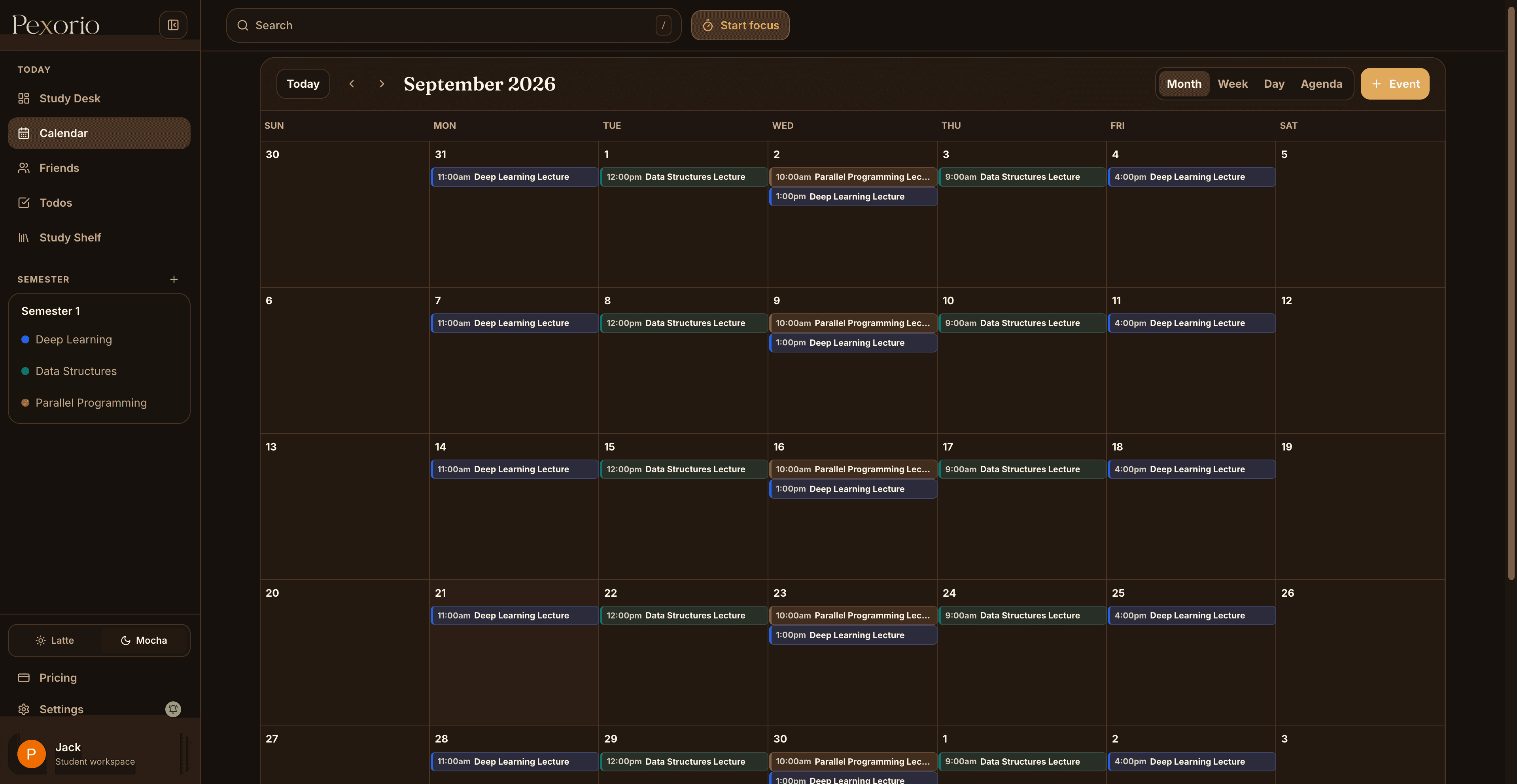 Pexorio monthly calendar showing recurring university lectures across several courses